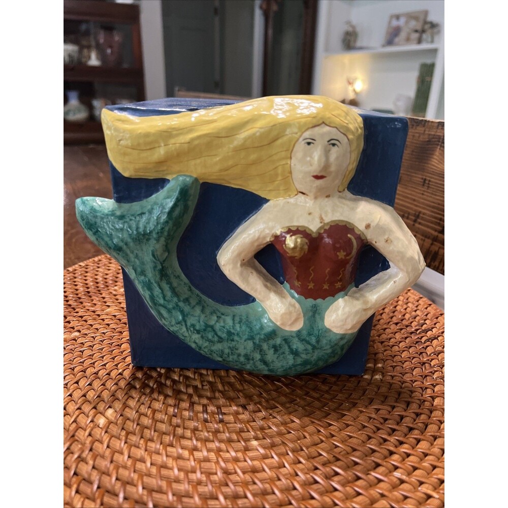 Vintage Rare Clay Art Paper Mache Tissue Box Holder 1993 Mermaid Md In Thailand